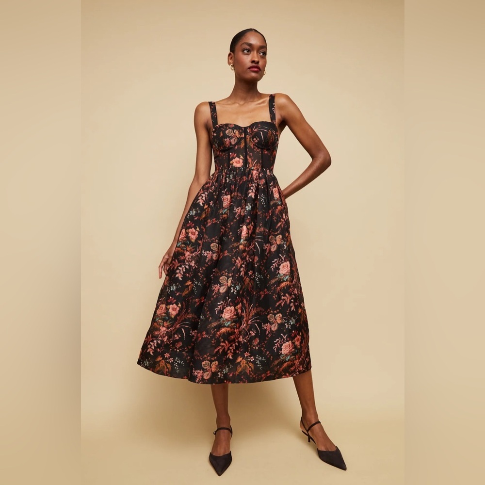 NEW Cara Cara Phoebe Floral Linen Silk Midi Bustier Dress Pindell Black US 4 UK8 - Picture 2 of 16